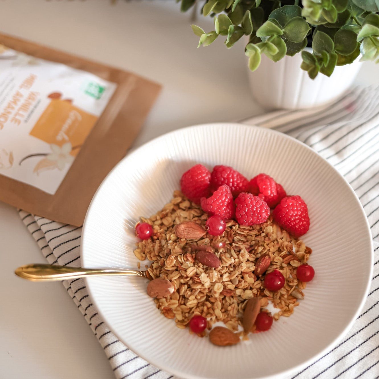 Bol de granolas vanille, miel et amandes avec fruits (framboises et groseilles)